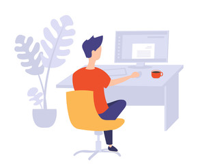 Young man working on computer in the office. Vector illustration