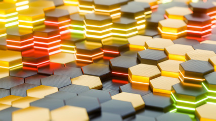 Poster - Abstract of futuristic surface with colouful hexagons. High digital technology. 3d rendering.