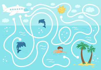 Summer maze for children. Preschool exotic activity. Funny puzzle with cute airplane, swimming boy, dolphins. Help the plane fly to the tropical island. Holiday game for kids. Printable activity.