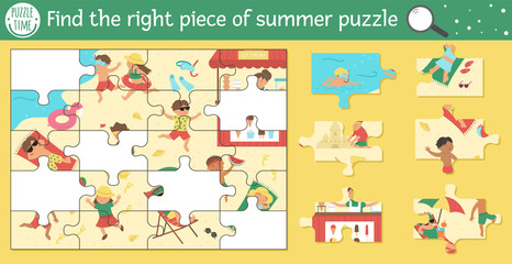 Wall Mural - Find the right piece of summer jigsaw puzzle. Vector beach holidays cut and glue or sticker activity for children. Sea vacation educational crafting game with cute animal characters. .