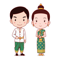 Cute couple of cartoon characters in Laos traditional costume.