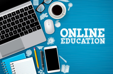 Online education e-learning vector banner. E-learning online education text with school and digital devices like laptop and mobile phone in blue background. Vector illustration.
