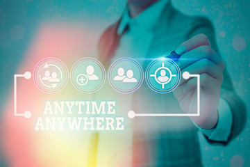 Poster - writing note showing anytime anywhere. business concept for saying that you can do something at ever