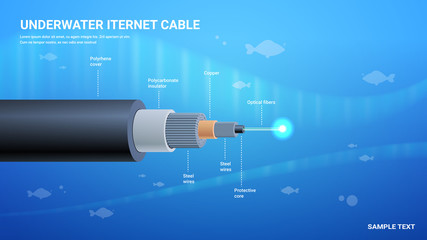 realistic optical fiber underwater cable structure network communication technology connecting element detailed infographic horizontal vector illustration