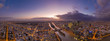 Panoramic aerial drone shot of Neuilly Levallois la defense skyscraper complex with Eiffel tower la seine during sunset hour in Paris