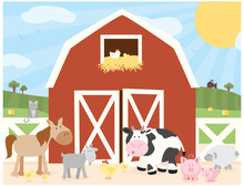 A Vector Illustration Of A Cute Farm Scene Of Animals In Front Of A Barn In A Sunny Field