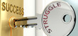 Struggle and success - pictured as word Struggle on a key, to symbolize that Struggle helps achieving success and prosperity in life and business, 3d illustration