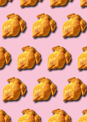Wall Mural - colorful pattern of roasted chicken or turkey on pink background. top view. creative design for pack