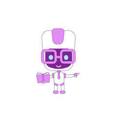 Poster - Cute modern robot with magnifying glass violet linear object. Futuristic bot giving information thin line symbol. AI online support isolated outline illustration on white background