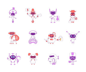 Poster - Robots red and violet linear objects set. Bad and good bots thin line symbols pack. Information stealing, personal assistance software isolated outline illustrations on white background