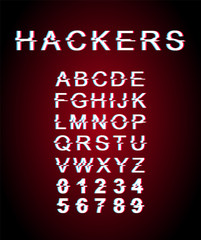 Fototapete - Hackers glitch font template. Retro futuristic style vector alphabet set on red background. Capital letters, numbers and symbols. Cyber criminal typeface design with distortion effect
