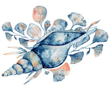 Watercolor Underwater Floral Bouquet With Corals And Shells, Hand Drawn Illustration 