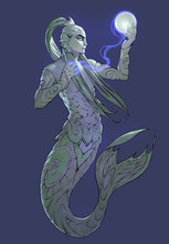 Fantasy Graphic Illustration Of A Handsome Male Mermaid With A Magic Glowing Pearl In His Hands