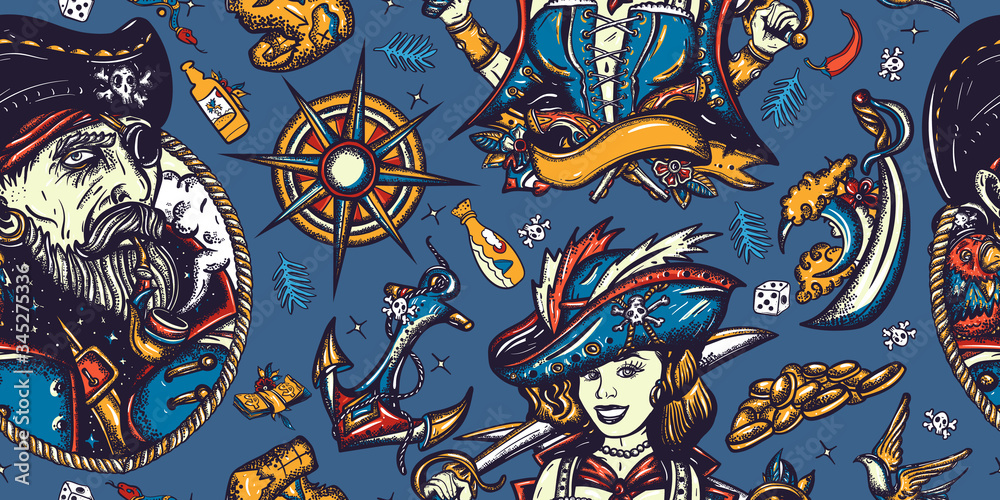 Pirates. Seamless pattern. Caribbean robbers. Old captain, parrot, girl ...