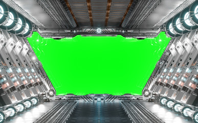 Fototapete - White and silver futuristic spaceship interior with green window 3d rendering