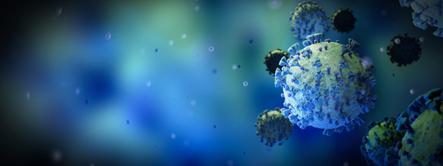 Poster - Microscopic close-up of the covid-19 disease. Coronavirus illness spreading in body cell. 2019-nCoV analysis on microscope level 3D rendering
