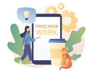 Wall Mural - Freelance work concept. Home office. Working space. Tiny girl work in comfortable conditions with smartphone. Modern flat cartoon style. Vector illustration on white background