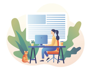 Tiny girl work in comfortable conditions home office. Freelance work concept. Working space. Modern flat cartoon style. Vector illustration on white background