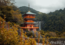 Mystical View Over The Ancient Building And The Huge Waterfall At Kumano Nachi Taisha, On The Famous Stone Path Kumano Kodo Pilgrimage Route