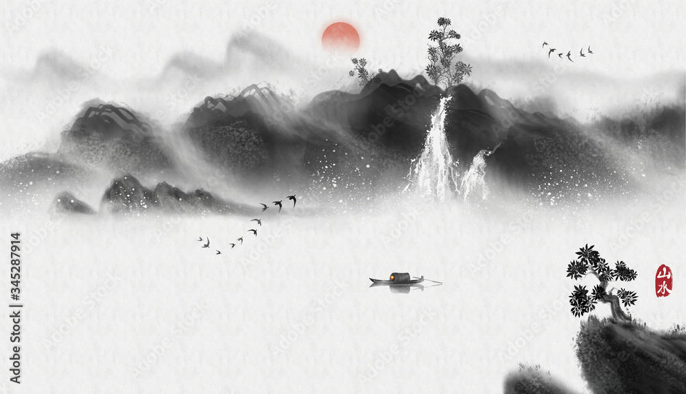 左泉 突き破る 水墨画 山水風景 左泉 突き破る 水墨画 山水風景