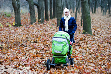 image of young mother with baby trolley walking in autumn park.