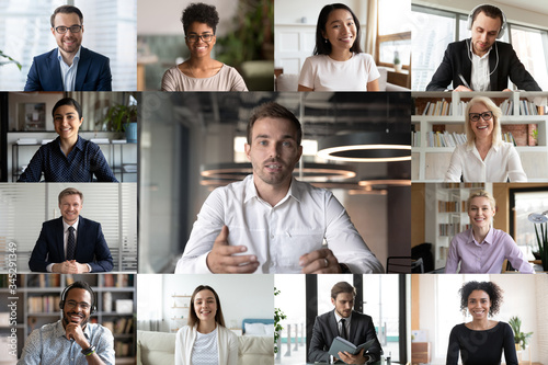 Fotomural Screen application view of diverse businesspeople talk brainstorm on video call