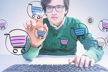 Poster - Man with keyboard using online shopping interface