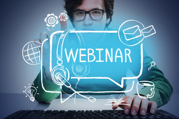 Poster - Man in glasses using webinar interface