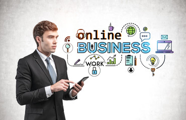 Poster - Man using smartphone, online business icons