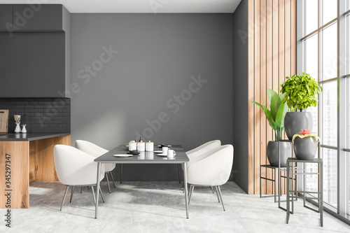 Cuadros en Lienzo Gray and wooden dining room interior