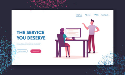 Wall Mural - Colleagues Organize Priorities, Teamwork Landing Page Template. Brainstorming Working Process in Office. Business People Characters Team Solving Work Problem at Workplace. Cartoon Vector Illustration