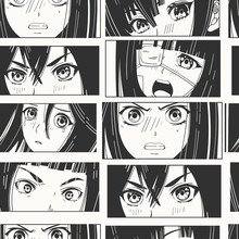 Close Up Of Asian Female Eyes Look. Black And White Manga Style. Japanese Cartoon Comic Concept. Anime Characters. Hand Drawn Trendy Vector Seamless Pattern. Background, Wallpaper