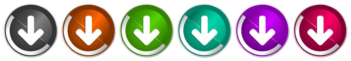 Poster - Down arrow icon set, download silver metallic chrome border vector web buttons in 6 colors options for webdesign