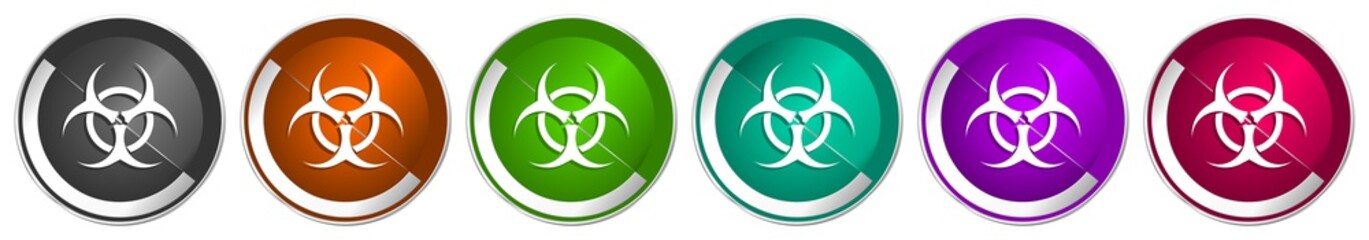 Aufkleber - Biohazard icon set, silver metallic chrome border vector web buttons in 6 colors options for webdesign