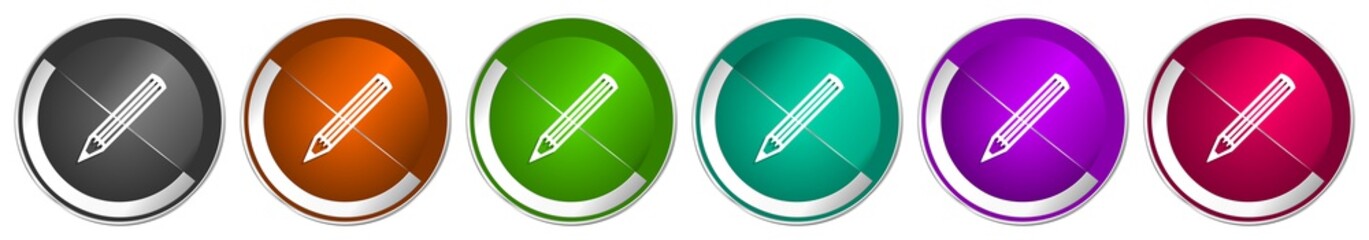 Aufkleber - Pencil icon set, silver metallic chrome border vector web buttons in 6 colors options for webdesign