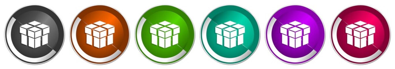 Fototapete - Box icon set, silver metallic chrome border vector web buttons in 6 colors options for webdesign
