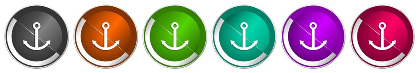 Aufkleber - Anchor icon set, silver metallic chrome border vector web buttons in 6 colors options for webdesign