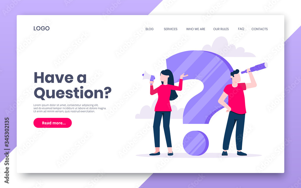 FAQ or Q and A internet landing page concept web template. Teamwork characters working together with faq big question mark, frequently asked questions concept flat style design vector illustration. - obrazy, fototapety, plakaty 