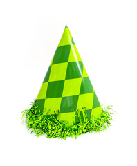 green party cap made of paper, isolated on white background. holiday cup, carnival accessory with ti