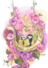 Birds Sitting On A Horseshoe In Flowers. Hand Painted Watercolor Illustration. 