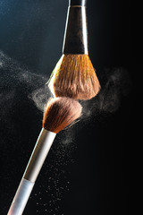 Canvas Print - The art of visage. Horizontal closeup photo of two professional black makeup brushes with colored powder isolated on black background 