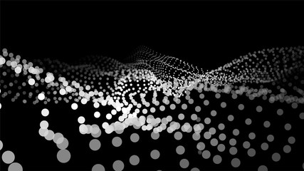 Fototapete - Dynamic particles wave. White dots on black background. Digital landscape. Vector illustration.Big data visualization 3D.