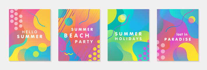 Bundle of modern vector summer posters with bright gradient background,shapes and geometric elements.Trendy abstract design perfect for prints,social media,banners,invitations,branding design,covers