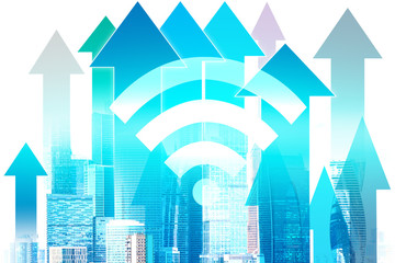 Poster - Wifi icon on the background of the night city. Concept - free internet is available to citizens. WiFi connection services. Concept - WiFi access point addresses. Wireless Internet in the city.