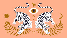Vector Card With Chinese Tigers In Boho Asian Style. Beautiful Animal Print Design. For Fabric, Wall Art, Interior Design, Social Media Post, Packaging. Floral Branch, Crescent Moon, Star, Magic. 