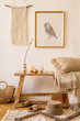 © FollowTheFlow - Stylish composition of living room interior with mock up frame, wooden bench, pillow, plaid, woman bag, macrame, flower, decortaion and elegant personal accessories in modern home decor.