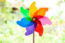 Colorful Pinwheel And Windmill Toy Made From Plastic Bottle Recycle In Garden At Outdoor In Thailand