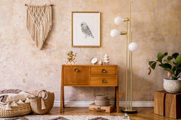 Wall Mural - modern retro composition of living room with wooden vintage commode, furniture, lamp, plant, carpet,