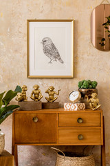 Wall Mural - retro composition of living room interior with wooden vintage commode, gold pink mirror, mock up pos