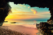 Amazing View On Tropical Beach From Mountain Cave At Sunset